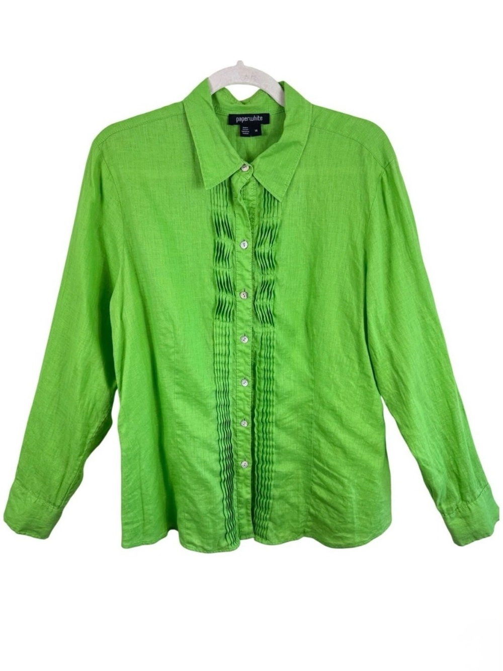 Paperwhite Women 14 Lime Green 100% Linen Pleated Front Roll Tab Button Down Top